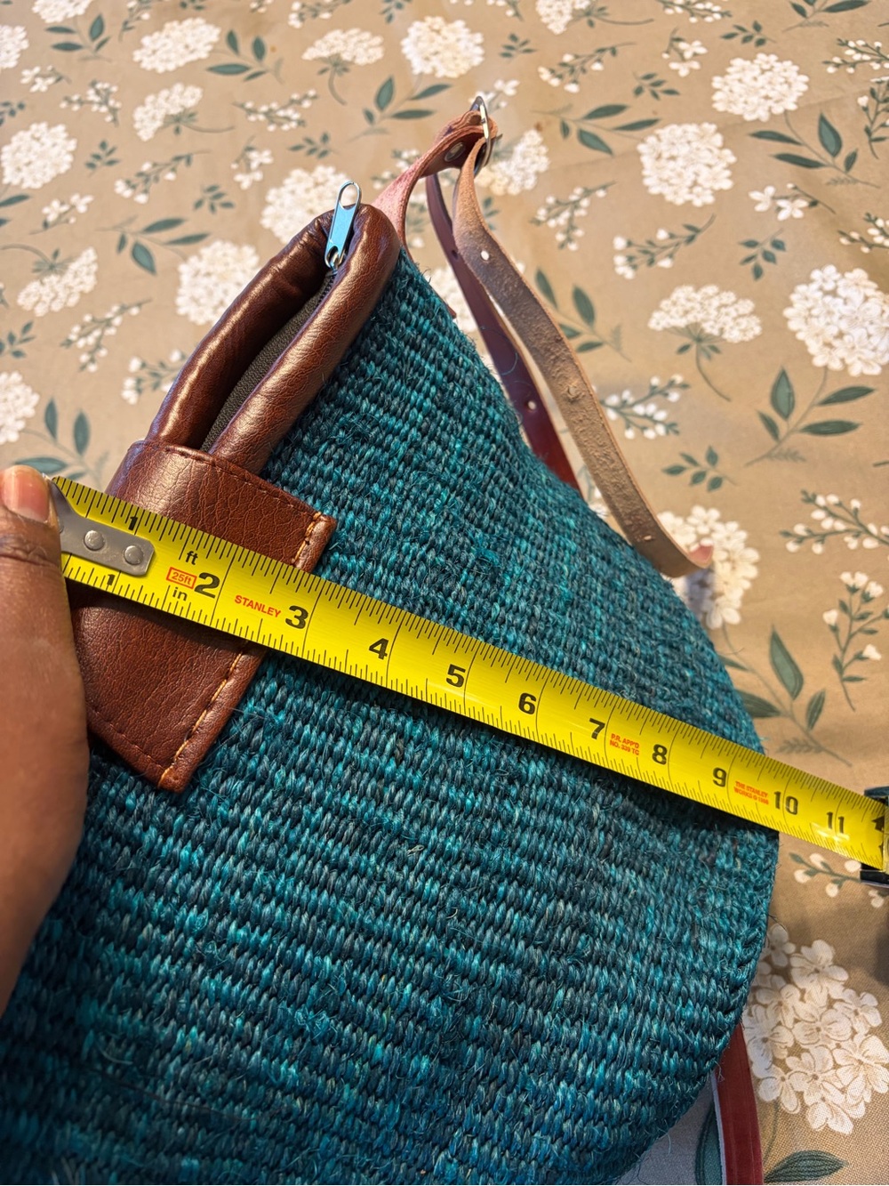 Teal Woven Clutch with Brown Leather Trim and Beaded Accent - Picture 7 of 8
